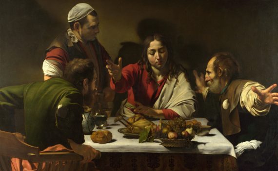 Michelangelo Merisi da Caravaggio, The Supper at Emmaus, 1601, oil on canvas, 55 x 77 inches, 141 x 196.2 cm (National Gallery, London)