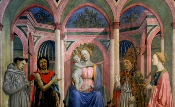 Domenico Veneziano, Saint Lucy Altarpiece, 1445-47, tempera on wood panel, 82 1/4 x 85" or 209 x 216 cm (Galleria degli Uffizi, Florence)