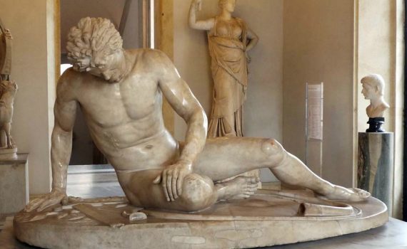 Dying Gaul, ancient Roman marble copy of a lost bronze Greek sculpture, c. 220 B.C.E., Hellenistic Period (Capitoline Museum)