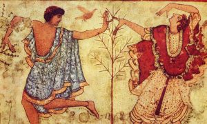 Two dancers on the right wall (detail), Tomb of the Triclinium, c. 470 B.C.E., Etruscan chamber tomb, Tarquinia, Italy