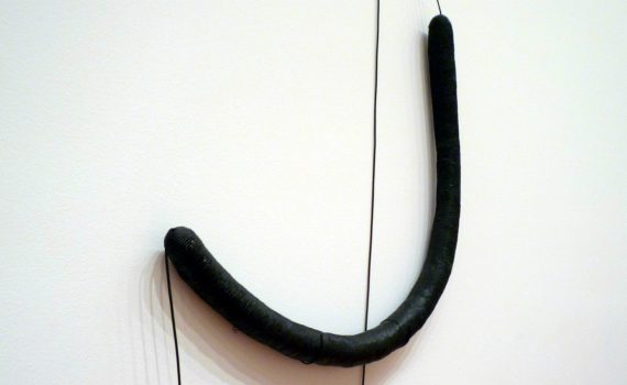 Eva Hesse, Untitled, enamel paint, string, papier-mâché, elastic cord, 1966 (MoMA) (photo credit: Steven Zucker)