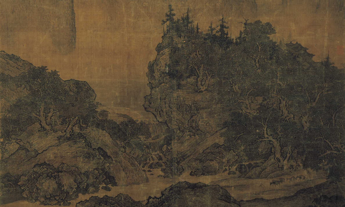 Fan Kuan, Travelers by Streams and Mountains, ink on silk hanging scroll, c. 1000, 206.3 x 103.3 cm. (National Palace Museum, Taibei)