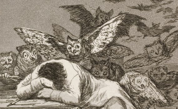 Figure asleep (detail), Francisco Goya, Plate 43, The sleep of reason produces monsters from Los Caprichos, 1799, etching, aquatint, drypoint, and burin, plate: 21.2 x 15.1 cm (The Metropolitan Museum of Art)