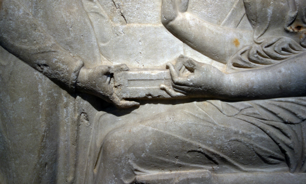Grave stele of Hegeso, c. 410 B.C.E., marble and paint, from the Dipylon Cemetary, Athens, 5' 2" (National Archaeological Museum, Athens)