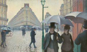 Gustave Caillebotte, Paris Street; Rainy Day, 1877, oil on canvas 83-1/2 x 108-3/4 inches (212.2 x 276.2 cm) (The Art Institute of Chicago)