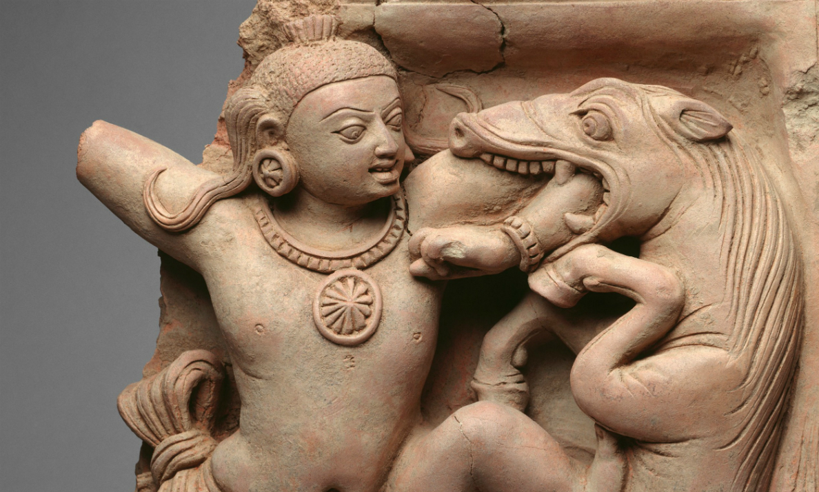 Detail, Krishna Killing the Horse Demon Keshi, Gupta period, 5th C.E., terracotta, 53.3 x 40.6. x 10.8 cm (The Metropolitan Museum of Art)