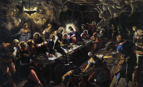 Jacopo Tintoretto, Last Supper, 1594, oil on canvas, 12' x 18' 8" (San Giorgio Maggiore, Venice)