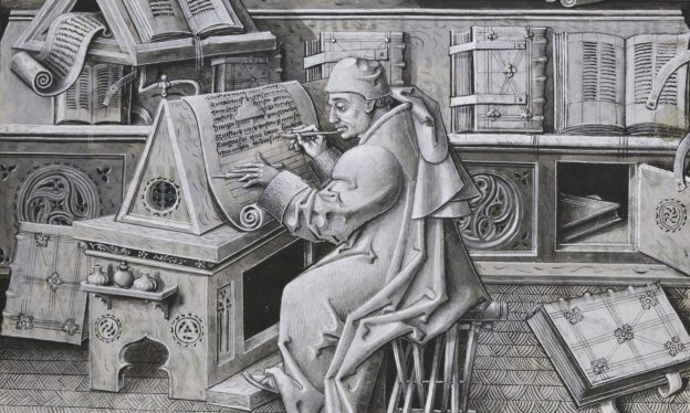Jean le Tavernier, Portrait of Jean Miélot in his workshop, after 1456, Miracles de Notre Dame, Paris, Bibliothèque nationale de France, MS fr. 9198