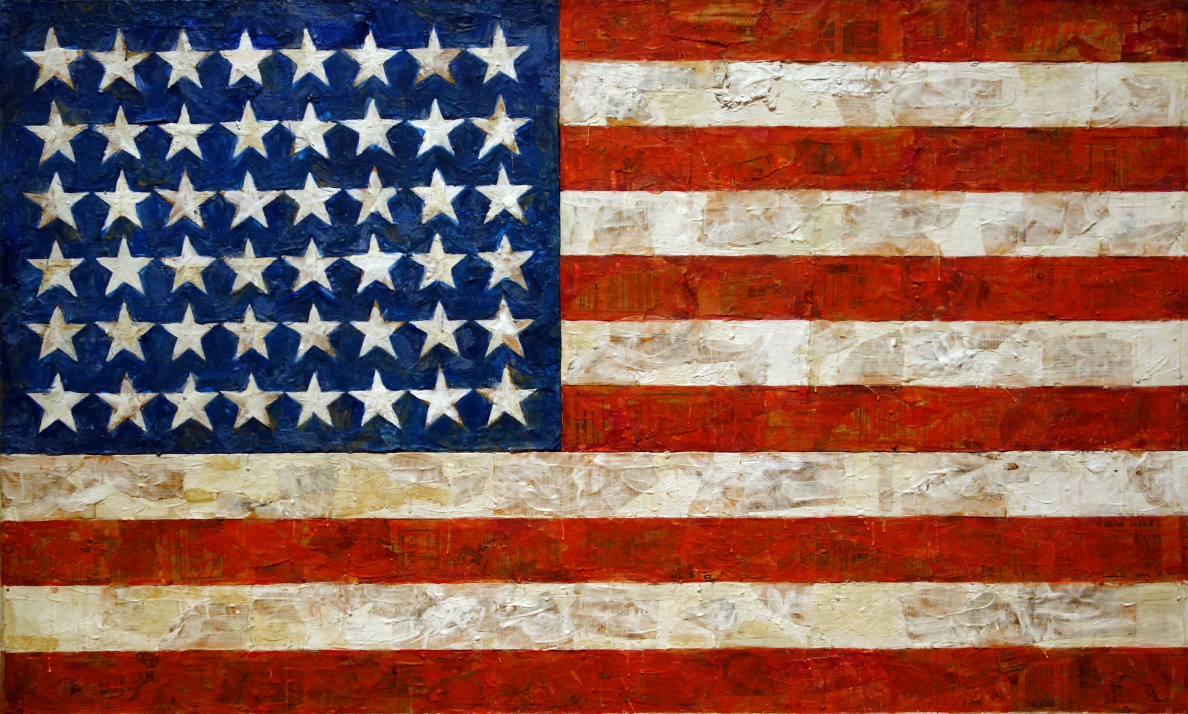 Jasper Johns, Flag, 1954-55 (dated on reverse 1954), encaustic, oil, and collage on fabric mounted on plywood, three panels, 42-1/4 x 60-5/8" / 107.3 x 153.8 cm (MoMA)