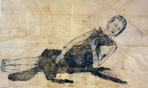 Kiki Smith, Lying with the Wolf, 2001, ink and pencil on paper 88 x 73 in (Centre Pompidou, Paris) © Kiki Smith