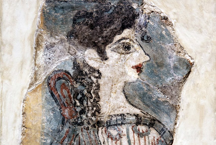 Woman or goddess ("La Parisienne") from the Camp-Stool fresco, western wing of the palace at Knossos, buon fresco, 20 cm high (Archaeological Museum of Heraklion)
