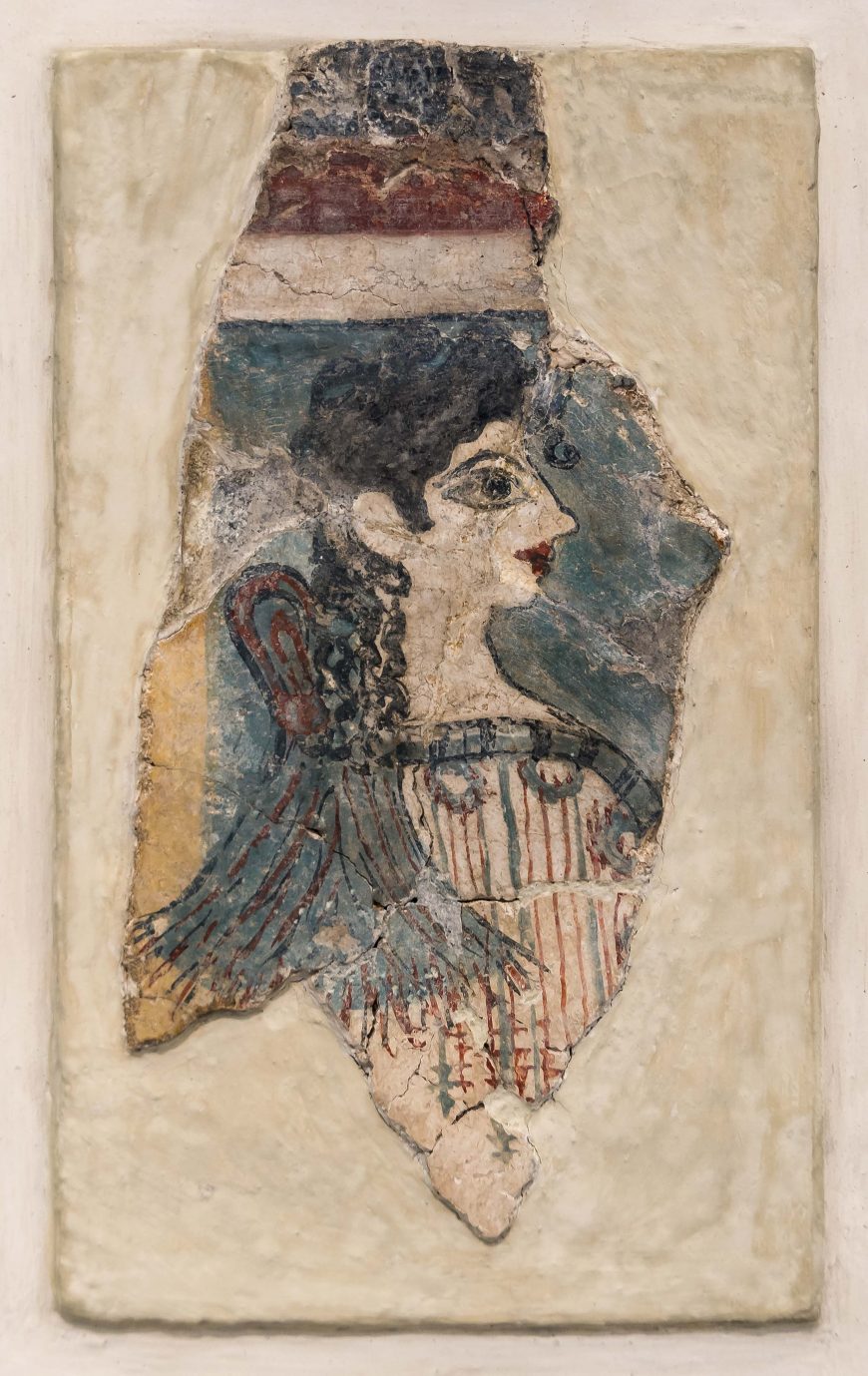 Woman or priestess ("La Parisienne") from the Camp-Stool fresco, western wing of the palace at Knossos, buon fresco, 20 cm high (Archaeological Museum of Heraklion)