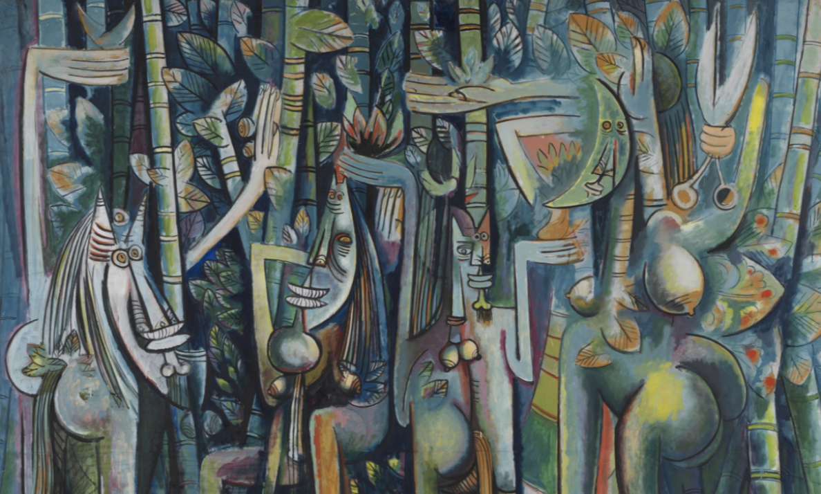 Wilfredo Lam, The Jungle, 1942-43, gouache on paper mounted on canvas, 94-1/4 x 90-1/2" / 239.4 x 229.9 cm (The Museum of Modern Art, New York)