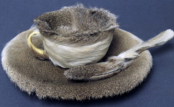 Meret Oppenheim. Object, 1936. Fur-covered cup, saucer, and spoon, cup 4-3/8" in diameter; saucer 9-3/8" in diameter; spoon 8" long, overall height 2-7/8" (The Museum of Modern Art, New York)