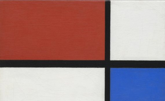Piet Mondrian, Composition No. II, with Red and Blue, oil on canvas, 1929 (original date partly obliterated; mistakenly repainted 1925 by Mondrian). oil on canvas, 15 7/8 x 12 5/8" (40.3 x 32.1 cm) (MoMA)