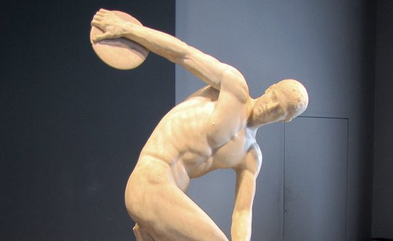 Myron, Discobolus (Discus Thrower), Roman copy of an ancient Greek bronze from c. 450 B.C.E., Classical Period (Palazzo Massimo alle Terme)