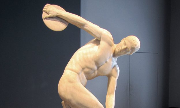Myron, Discobolus (Discus Thrower), Roman copy of an ancient Greek bronze from c. 450 B.C.E., Classical Period