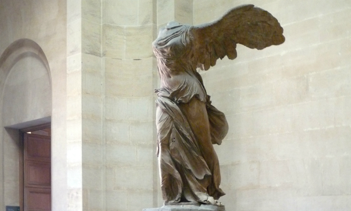 Nike (Winged Victory) of Samothrace, Lartos marble (ship) and Parian marble (figure), c. 190 B.C.E. 3.28 m high, Hellenistic Period (Musée du Louvre, Paris)