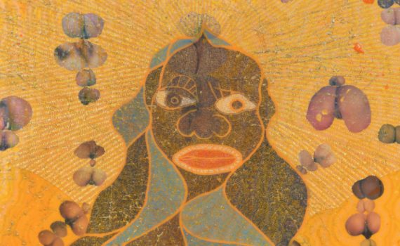 Chris Ofili, The Holy Virgin Mary, 1996, paper collage, oil paint, glitter, polyester resin, map pins & elephant dung on linen, 243.8 x 182.9 cm © Chris Ofili
