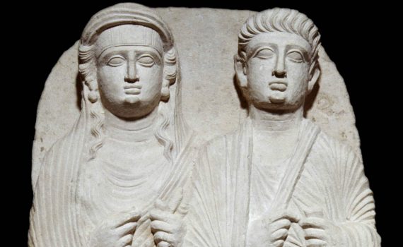 Palmyrene funerary relief of Viria Phoebe and Gaius Vurus, c. 50-150 C.E., limestone, 47.5 x 52 x 25 cm © Trustees of the British Museum