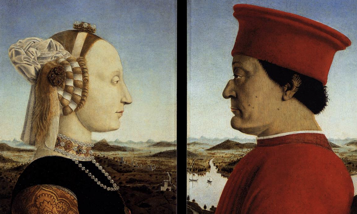 Piero della Francesca, Portraits of the Duke and Duchess of Urbino (Federico da Montefeltro and Battista Sforza), 1467-72, tempera on panel, 47 x 33 cm (Galleria degli Uffizi, Florence)