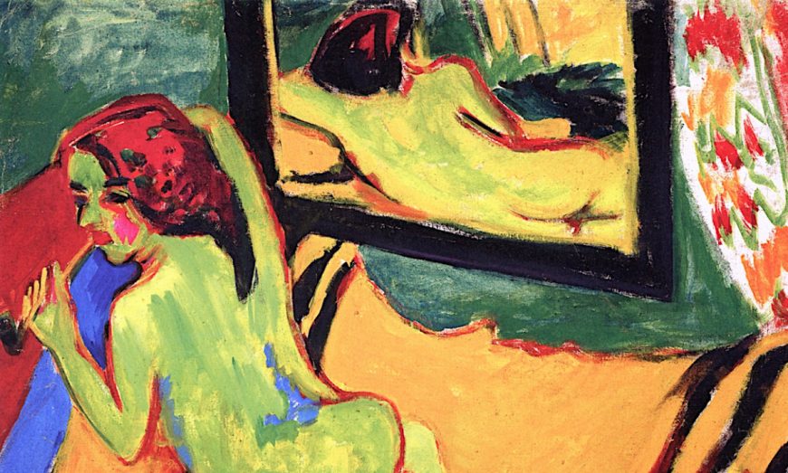 Ernst Ludwig Kirchner, <em>Reclining Nude in Front of Mirror</em>, 1909–10, oil on canvas, 83.3 x 95.5 cm (Brücke-Museum, Berlin)