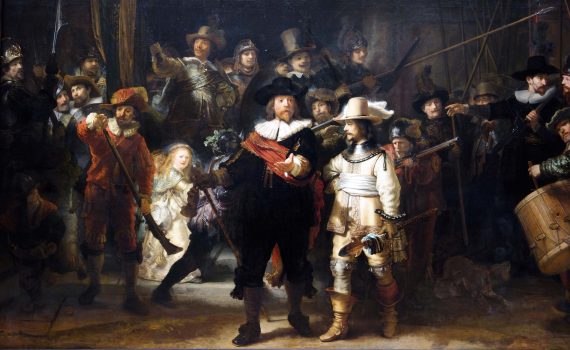 Rembrandt van Rijn, The Night Watch (Militia Company of District II under the Command of Captain Frans Banninck Cocq), 1642, oil on canvas, 379.5 x 453.5 cm (Rijksmuseum, Amsterdam)