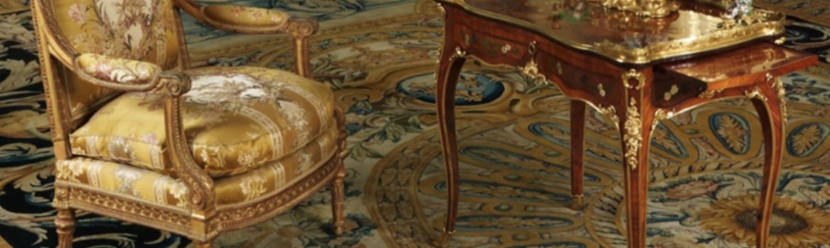 In situ, Bernard II van Risenburgh, Writing table (Table à écrire), c. 1755, oak veneered with tulipwood, kingwood, amaranth, mahogany, ebony, mother-of-pearl, stained horn; gilt-bronze mounts and modern velvet, 78.1 x 96.5 x 57.5 cm (The Metropolitan Museum of Art)