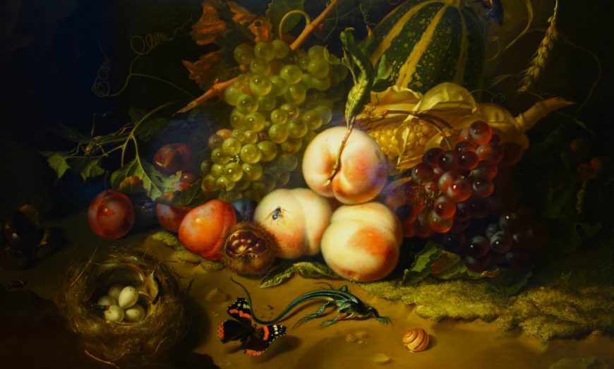 Rachel Ruysch, Fruit and Insects, 1711, oil on wood, 44 x 60 cm (Gallerie degli Uffizi, Florence)