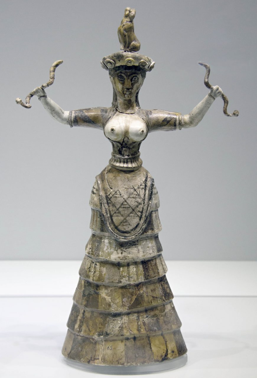 Snake Goddess from the palace at Knossos, c. 1600 B.C.E., majolica, 29.5 cm high Archaeological Museum of Heraklion, photo: Zde, CC BY-SA 4.0)