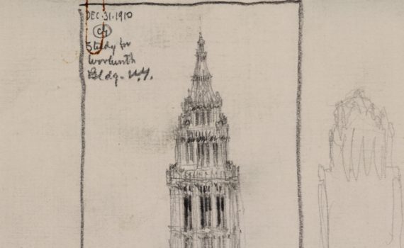 "Study for Woolworth Building, New York" by Cass Gilbert, December 10, 1910 (Public domain, Wikimedia commons)