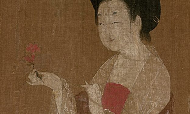Woman holding flower (detail), attributed to Zhou Fang (active late 8th–early 9th century), Ladies Wearing Flowers in Their Hair, handscroll, ink and color on silk, 46 x 180 cm (Liaoning Provincial Museum, Shenyang province, China)