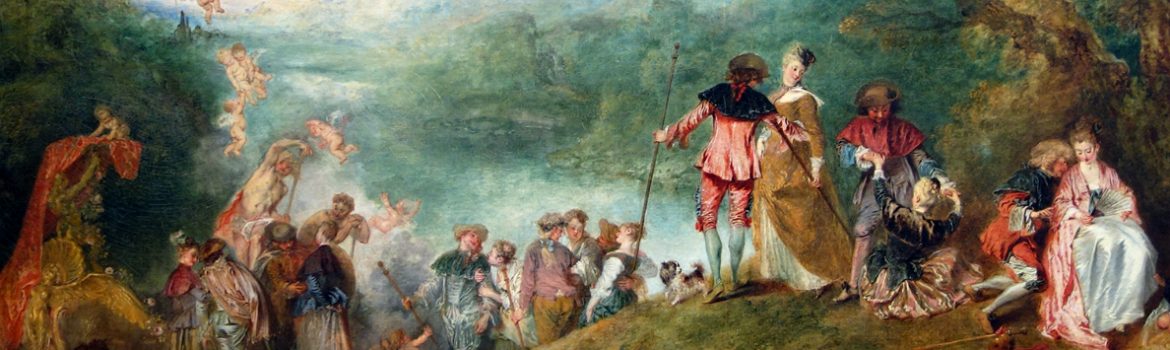 Antoine Watteau, Pilgrimage to Cythera, 1717, oil on canvas, 4 feet 3 inches x 6 feet 4 1/2 inches (Musée du Louvre, Paris)