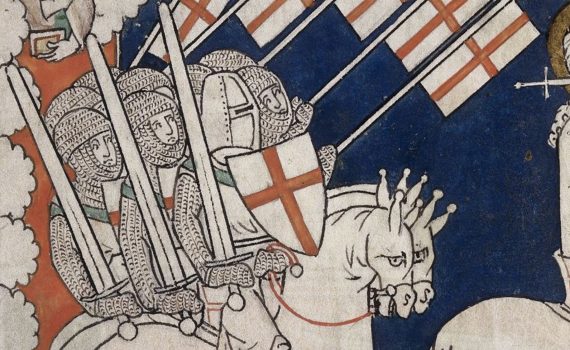 Christ leading crusaders into battle, detail from an Apocalypse, with commentary (The “Queen Mary Apocalypse”), early 14th century, f. 37 (British Library)