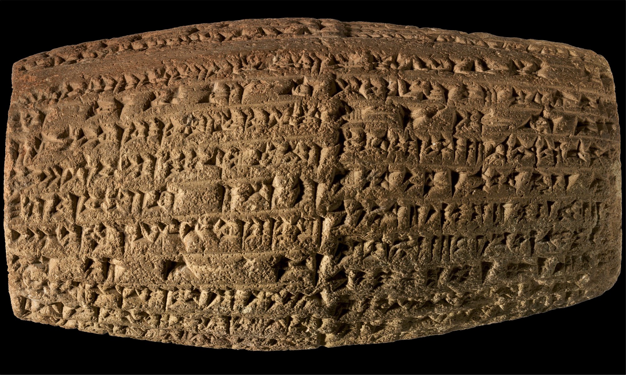 Cuneiform cylinder with inscription of Nebuchadnezzar II describing the construction of the outer city wall of Babylon, Neo-Babylonian, c. 604–562 B.C.E., clay, 6.7 × 12.35 × 7.2 cm (The Metropolitan Museum of Art)