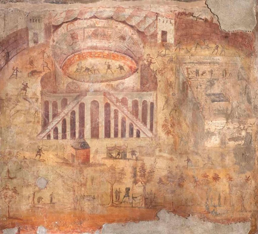 rawl between Pompeians and Nucerini, fresco in the IV Pompeian style (59-79 C.E.), was discovered in the peristilium (colonnade with garden) of the House of Actius Anicetus in 1869.