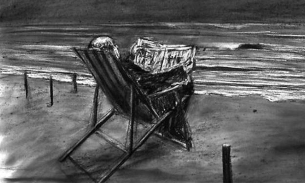 William Kentridge, Drawing from Tide Table (Soho in Deck Chair), 2003, charcoal on paper, 81.28 x 121.92 cm (courtesy Marian Goodman Gallery, NYC, © William Kentridge)