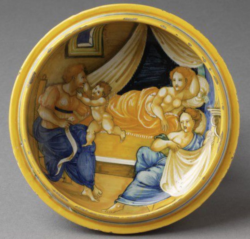 Francseco Xanto (painter), Cup, c. 1530, tin glazed earthenware, 16.5 cm diameter (Victoria & Albert Museum)