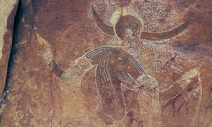 Running Horned Woman, 6,000-4,000 B.C.E., pigment on rock, Tassili n’Ajjer, Algeria