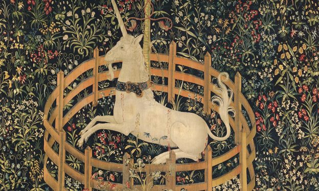 The Unicorn in Captivity (one of seven woven hangings popularly known as the Unicorn Tapestries or the Hunt of the Unicorn), 1495-1505, wool, silk, silver, and gilt (The Cloisters, The Metropolitan Museum of Art)