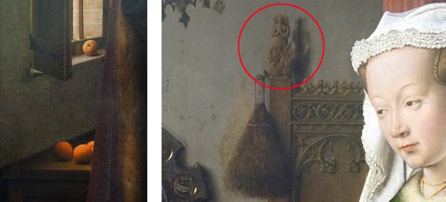 Jan Van Eyck, Oranges (detail left) and carved bedpost depicting Saint Margaret atop a dragon (detail right), The Arnolfini Portrait, 1434, tempera and oil on oak panel, 82.2 x 60 cm (National Gallery, London)