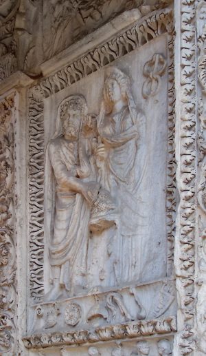 Relief showing Septimius Severus and Julia Domna with a caduceus, Arch of the Argentarii, Rome, completed 204 C.E. (photo: Panairjdde, CC BY-SA 2.0)