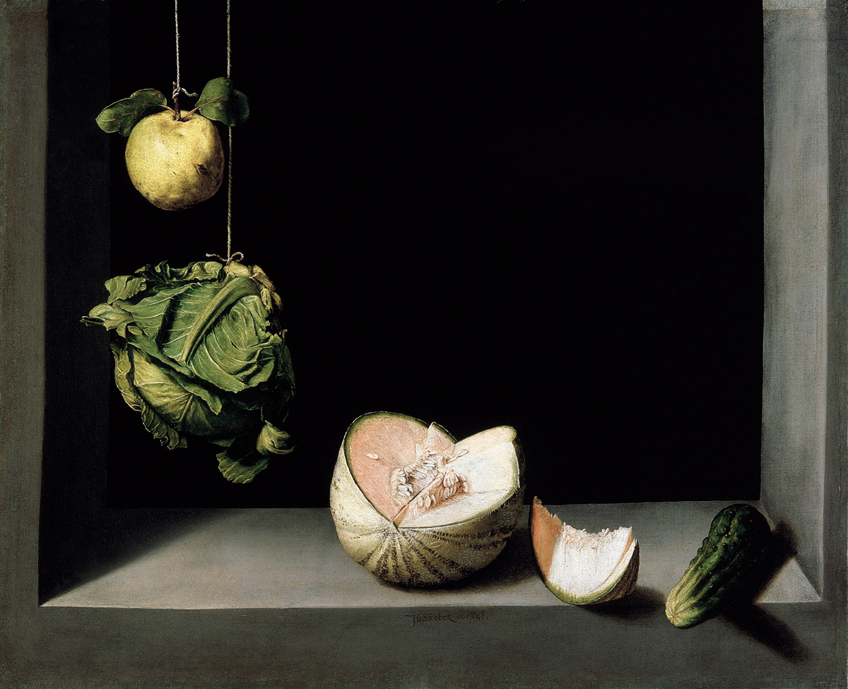 Juan Sánchez Cotán, Still Life with Quince, Cabbage, Melon, and Cucumber, c. 1602, oil on canvas, 68.9 cm x 84.46 cm (The San Diego Museum of Art)