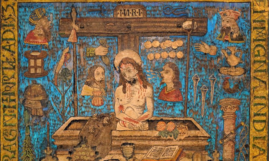 This featherwork was commissioned by the Nahua noble and governor of Mexico City, Diego de Alvarado Huanitzin for Pope Paul III showing the Mass of St. Gregory, 1539, feathers on wood with touches of paint, 68 x 56 cm (Musee des Jacobins; photo: Steven Zucker, CC BY-SA 2.0)