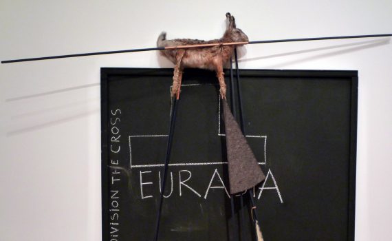 Joseph Beuys. (German, 1921-1986). Eurasia Siberian Symphony 1963. 1966. Panel with chalk drawing, felt, fat, hare, and painted poles, 6' x 7' 6 3/4" x 20" (MoMA)