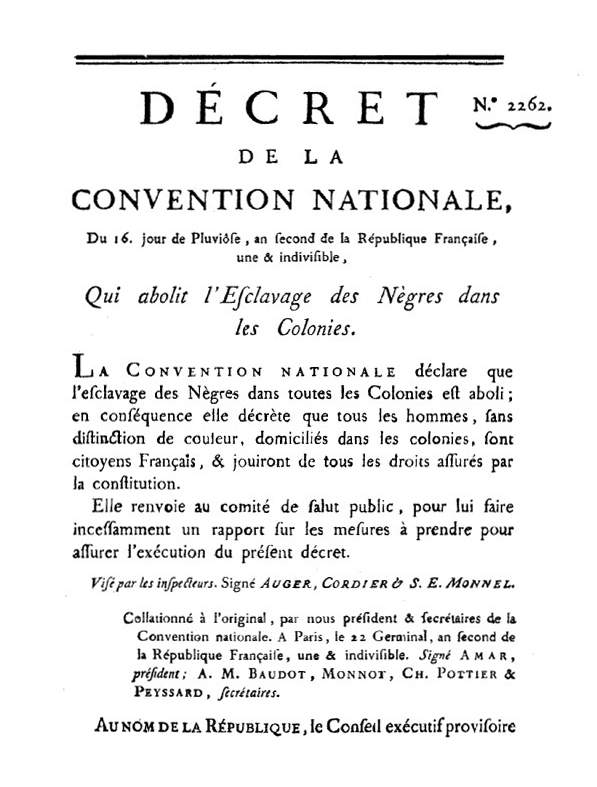 Official decree of 1794, abolishing slavery in the French colonies, from LivreLa Révolution française et l'abolition de l'esclavage, vol. 12, p. 55 (Bibliothèque nationale de France)
