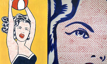 (L) Roy Lichtenstein, Girl with a Ball, 1961, oil on canvas, 60 1/4 x 36 1/4" (153 x 91.9 cm) (Museum of Modern Art, New York); (R) Detail of face showing Lichtenstein's painted Benday dots)