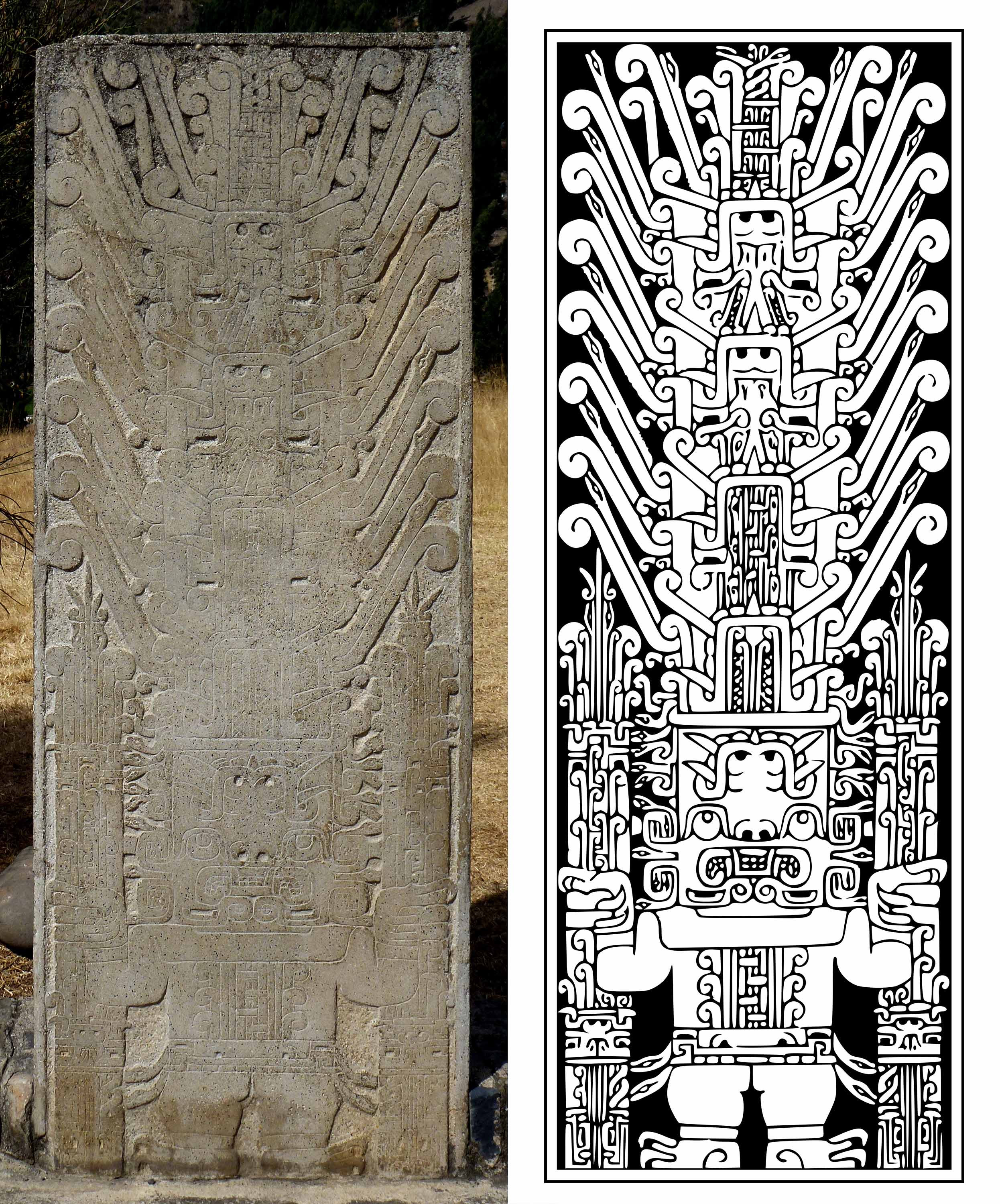 Left: the Raimondi Stele, c. 900-200 B.C.E., Chavín culture, Peru (Museo Nacional de Arqueología Antropología e Historia del Peru, photo: Taco Witte, CC BY 2.0). Right: Line drawing of the Raimondi Stele (source: Tomato356, CC BY-SA 3.0)