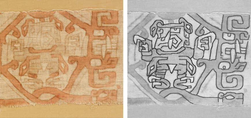 Textile fragment, 4th–3rd century B.C.E., Chavín culture, Peru, cotton, refined iron earth pigments, 14.6 x 31.1 cm (The Metropolitan Museum of Art)