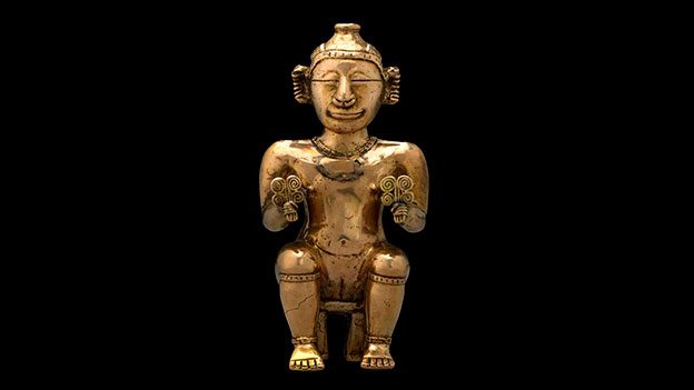 Seated female poporo, Quimbaya, gold alloy, AD600–1100